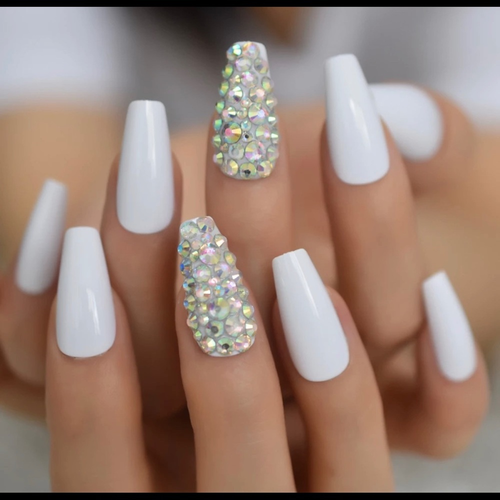 New Glossy White Nail Rhinestones Press On Nails
